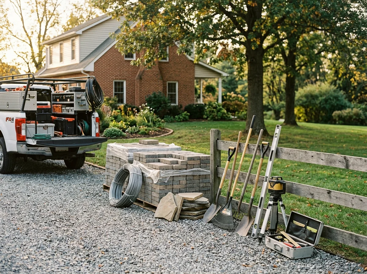 Landscape crew tools and equipment staged on a job site, showing hardscaping materials and installation readiness.