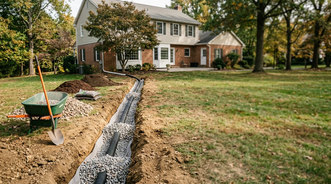Drainage system installation directing water away from residential property