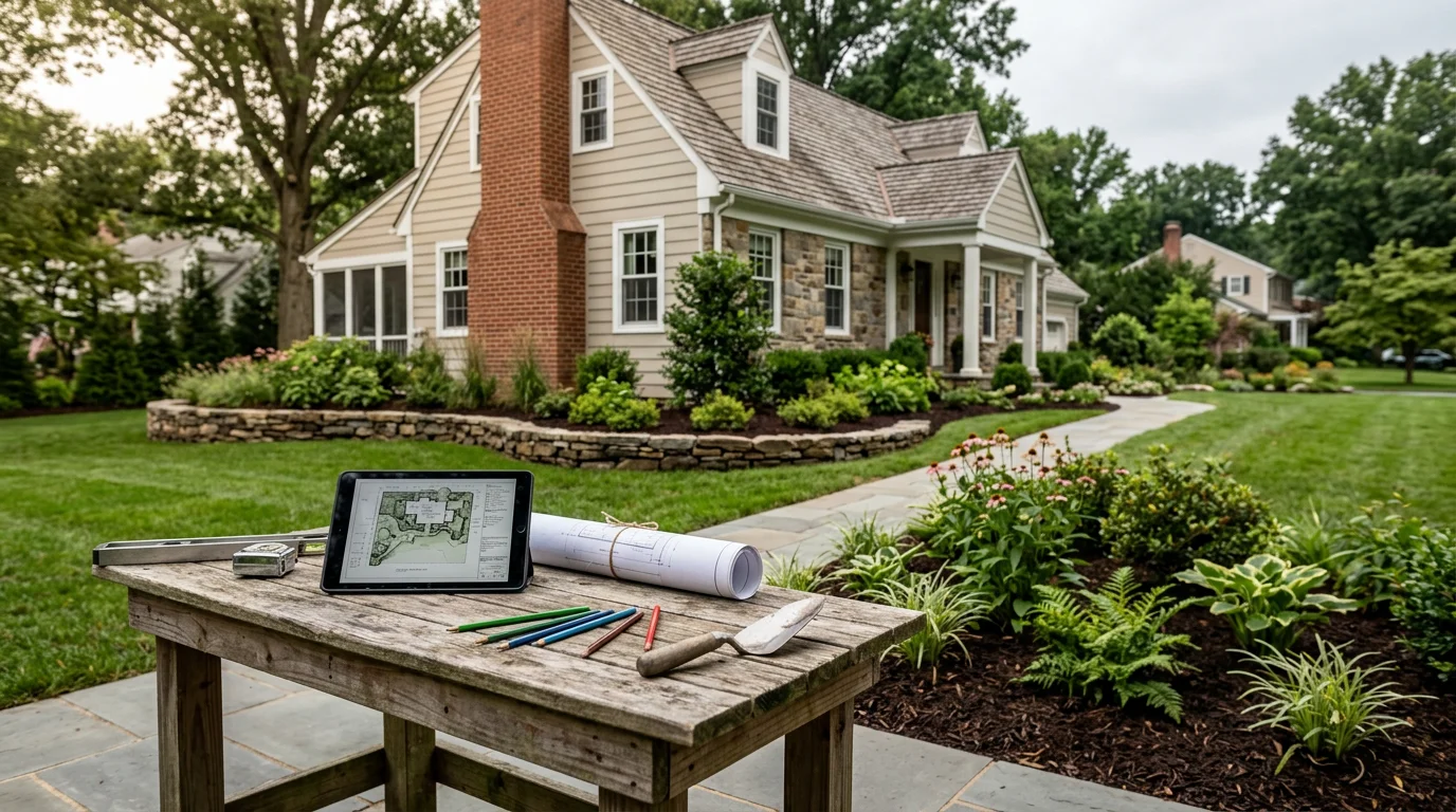 Landscape designer reviewing outdoor design plans with homeowner