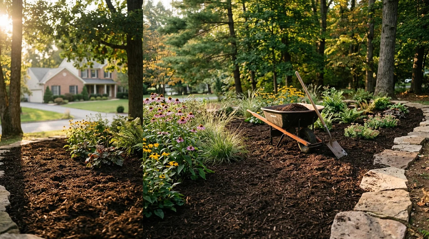 Professional landscape installation with new plantings and mulch in a residential yard