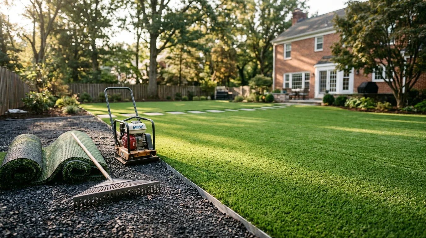 Completed patio and artificial turf installation in residential backyard
