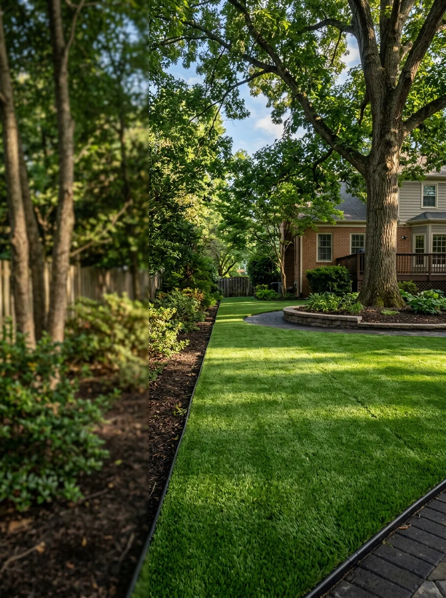Artificial turf installation in a shaded Columbia, MD rear yard surrounded by established trees in a Howard County village community.