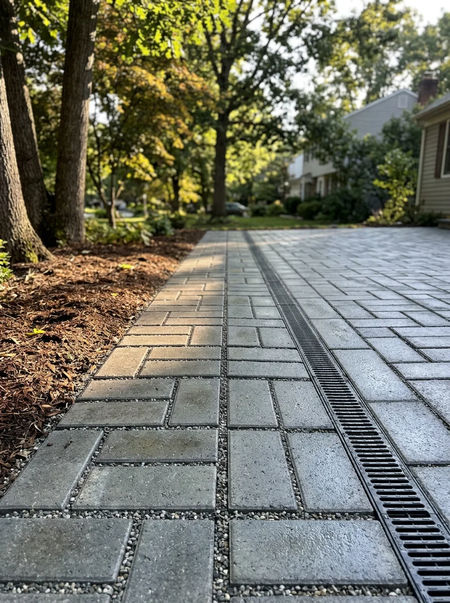 Close-up of a newly installed patio and drainage channel on a Damascus, MD property surrounded by mature trees.