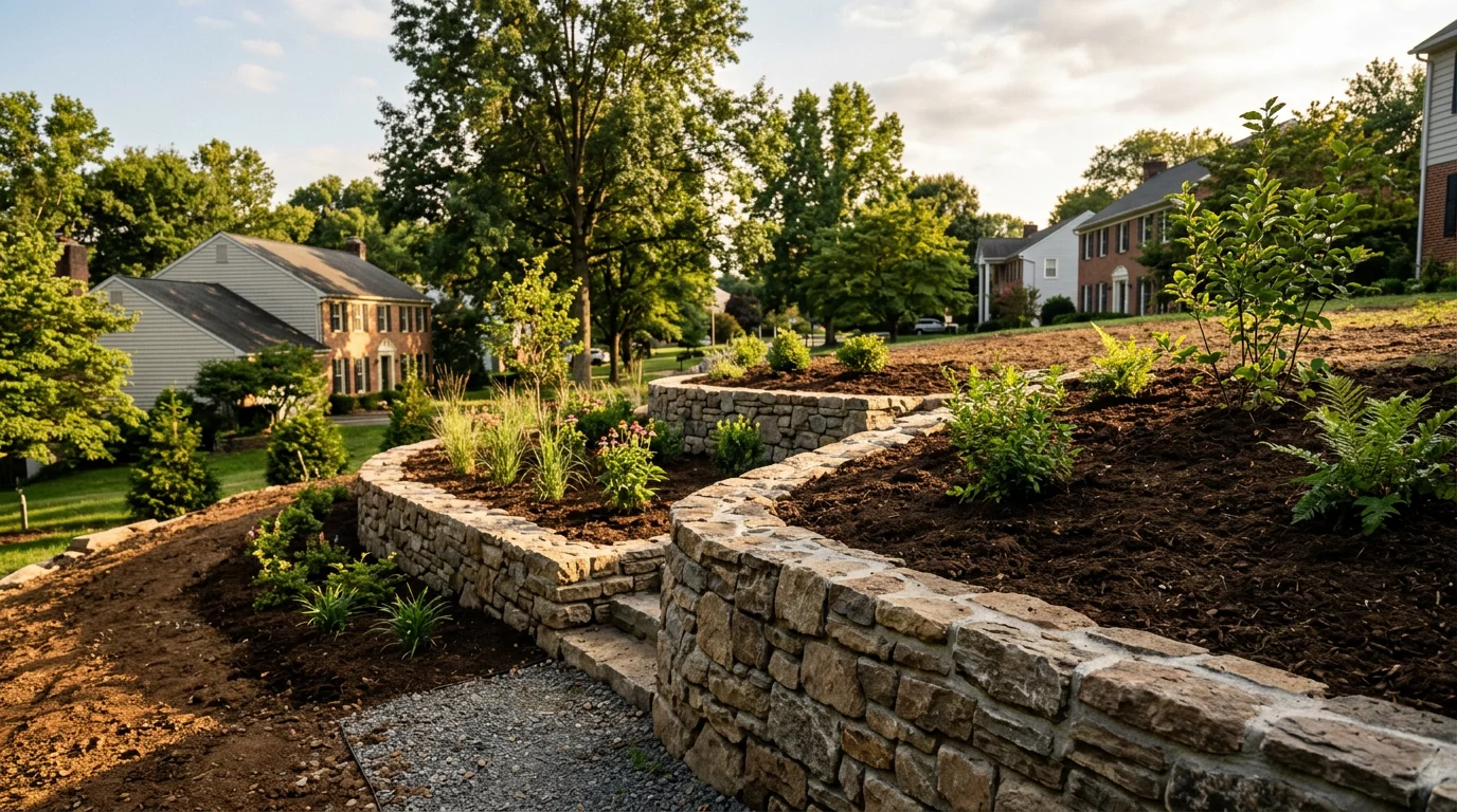 Landscape installation on a sloped Damascus, MD residential lot with a stone retaining wall and planted beds on clay soil terrain.