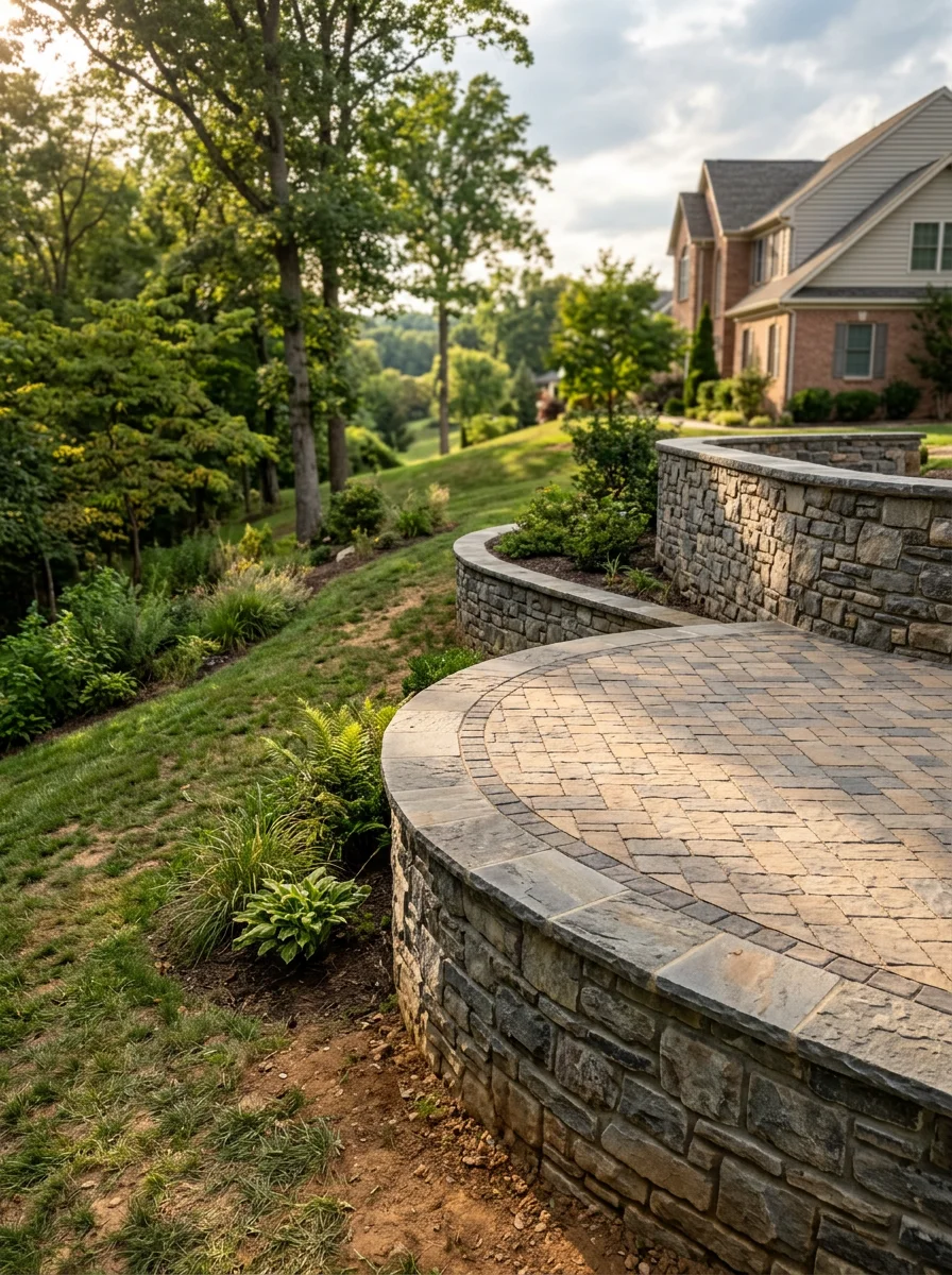 Paver patio and retaining wall installation on a sloped rear yard of an Eldersburg, MD home near Piney Run Park.