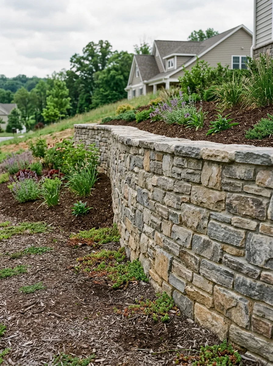 Stone retaining wall with layered planting beds on a sloped Frederick, MD residential lot in a newer subdivision.