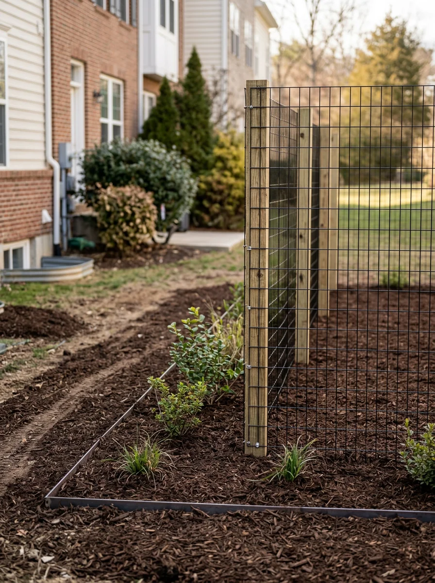 Dog run installation in the rear yard of a newer Urbana, MD townhouse with fresh mulch and defined planting borders.