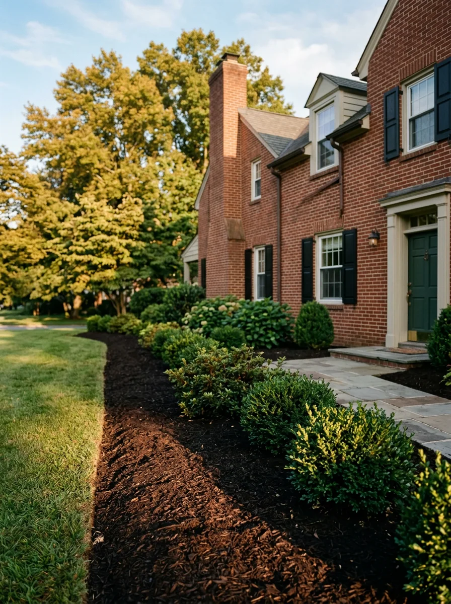 Landscape cleanup and fresh mulch application on an established Westminster, MD property with mature foundation shrubs and a large rear yard.