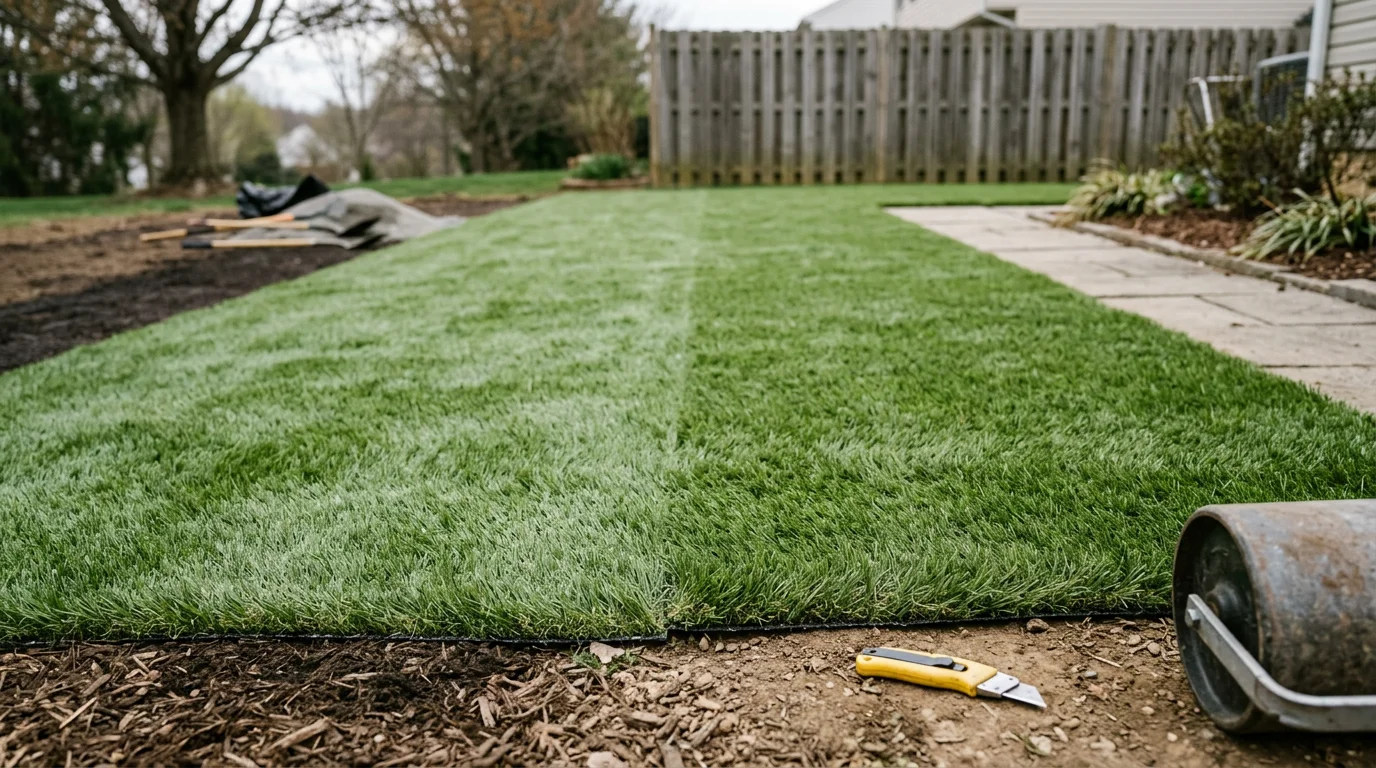 Freshly installed artificial turf covering a residential backyard in Damascus, MD, with clean edges along a fence line and a smooth, green surface ready for outdoor use.