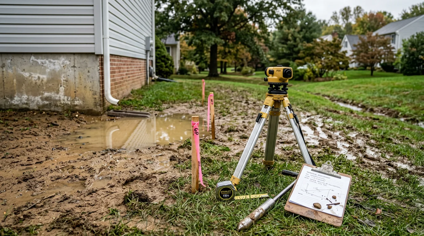 A landscaping professional evaluating water flow patterns and slope on a residential yard in Damascus, MD during a drainage assessment site visit. The property shows low-lying areas with compacted soil typical of Montgomery County clay-heavy terrain.