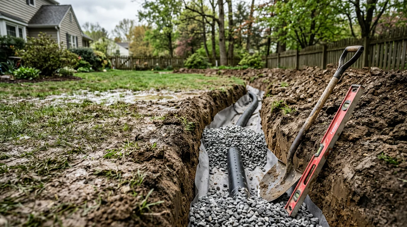 A completed French drain installation in a Damascus, MD residential backyard, showing a gravel-filled trench running along a lawn edge to redirect water away from the home's foundation. The surrounding grass and landscaping remain intact after installation.