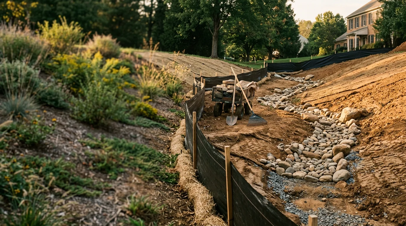 A stabilized residential slope in Damascus, MD with native ground cover and a dry creek bed controlling runoff after grading work. The yard shows no bare soil or sediment deposits along the slope edge.