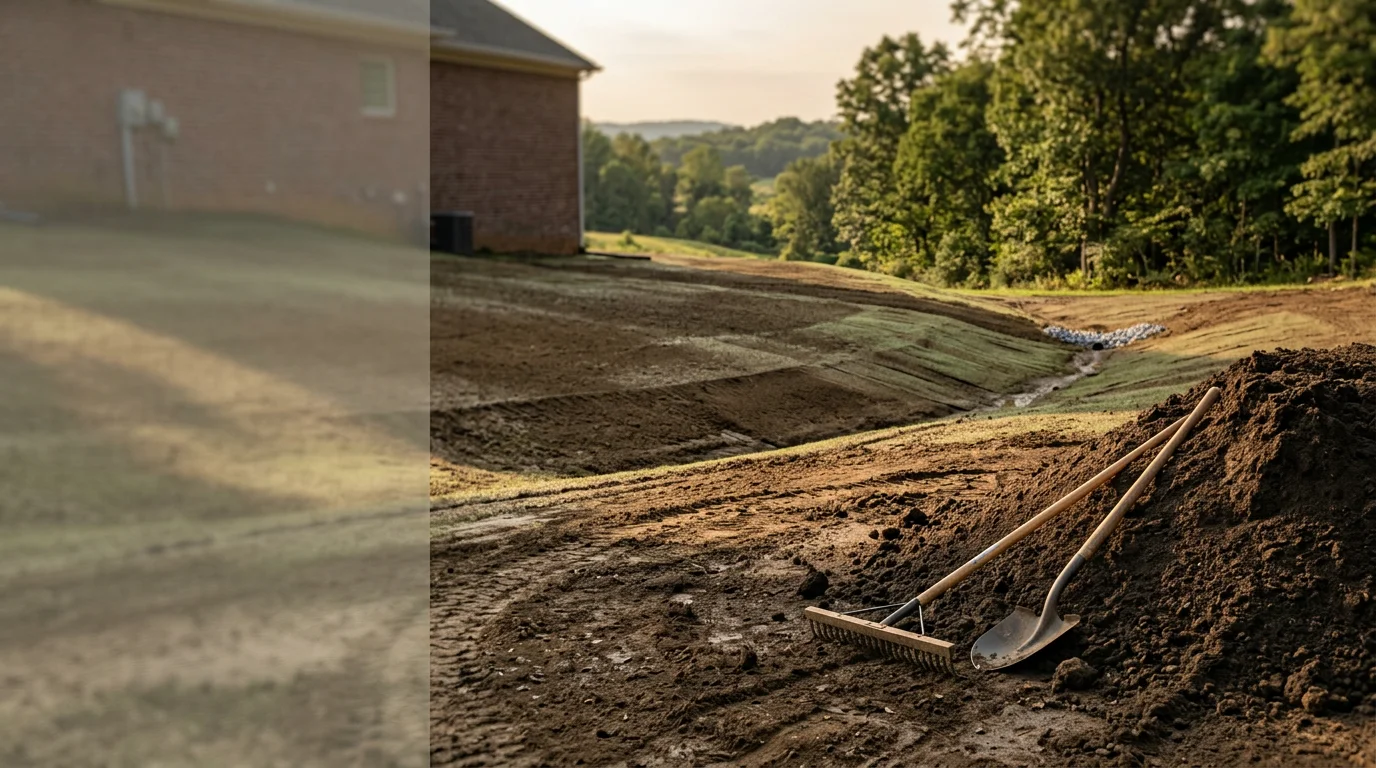 A Damascus, MD residential backyard after professional grading, showing a smooth, evenly sloped lawn with water flowing away from the home's foundation. The regraded yard transitions cleanly from the house to the lower yard with no visible pooling or low spots.
