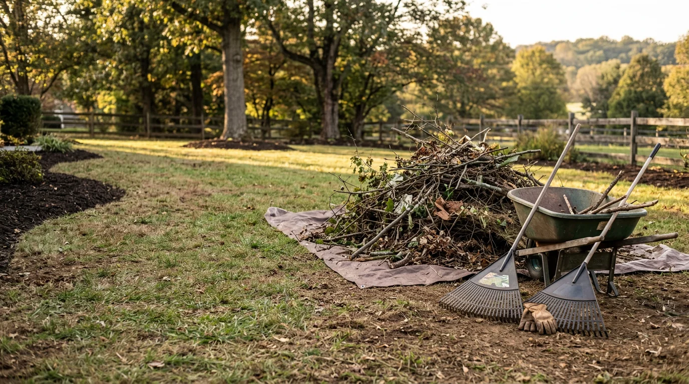 A Damascus, MD residential yard after landscape cleanup, with cleared garden beds, no leaf or branch debris visible, and a clean lawn edge along the property line.