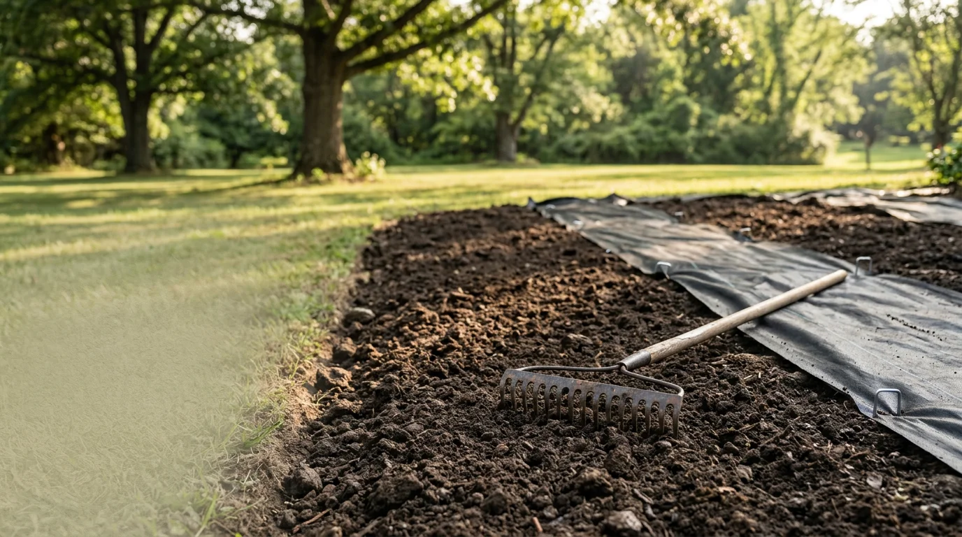 A freshly installed residential landscape in Damascus, MD, featuring defined planting beds, layered shrubs, and ground cover on a spacious suburban lot. The front yard shows clean grading and newly planted greenery against a colonial-style home.