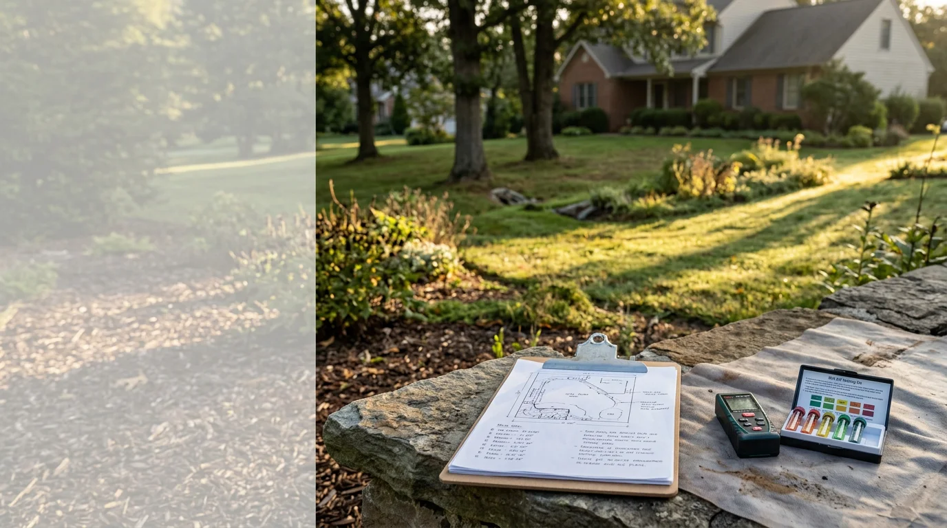 A Damascus, MD backyard during a landscape design consultation, with a designer reviewing the property's grade, planting beds, and drainage patterns with a homeowner. The yard shows a mix of existing lawn, mature trees, and open areas ready for a new design plan.