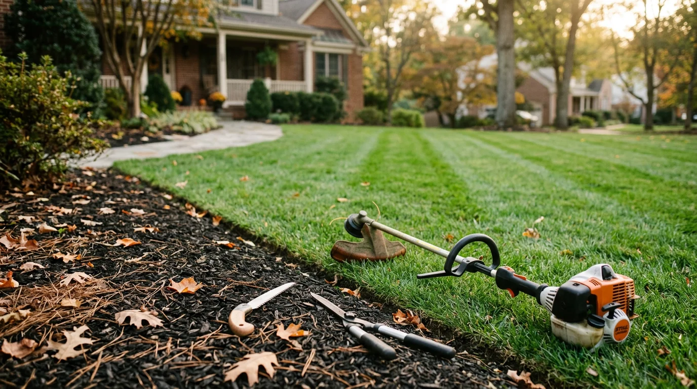 A neatly maintained residential lawn in Damascus, MD with cleanly edged turf, trimmed shrubs along the front beds, and a tidy border between the grass and a paved walkway. The property reflects consistent landscape maintenance care through an active Maryland growing season.