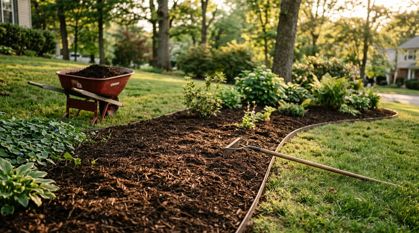 Freshly mulched garden beds with clean edges surrounding ornamental shrubs at a residential property in Damascus, MD. Ground cover plants fill a shaded slope beside the home, showing a tidy, well-maintained landscape.