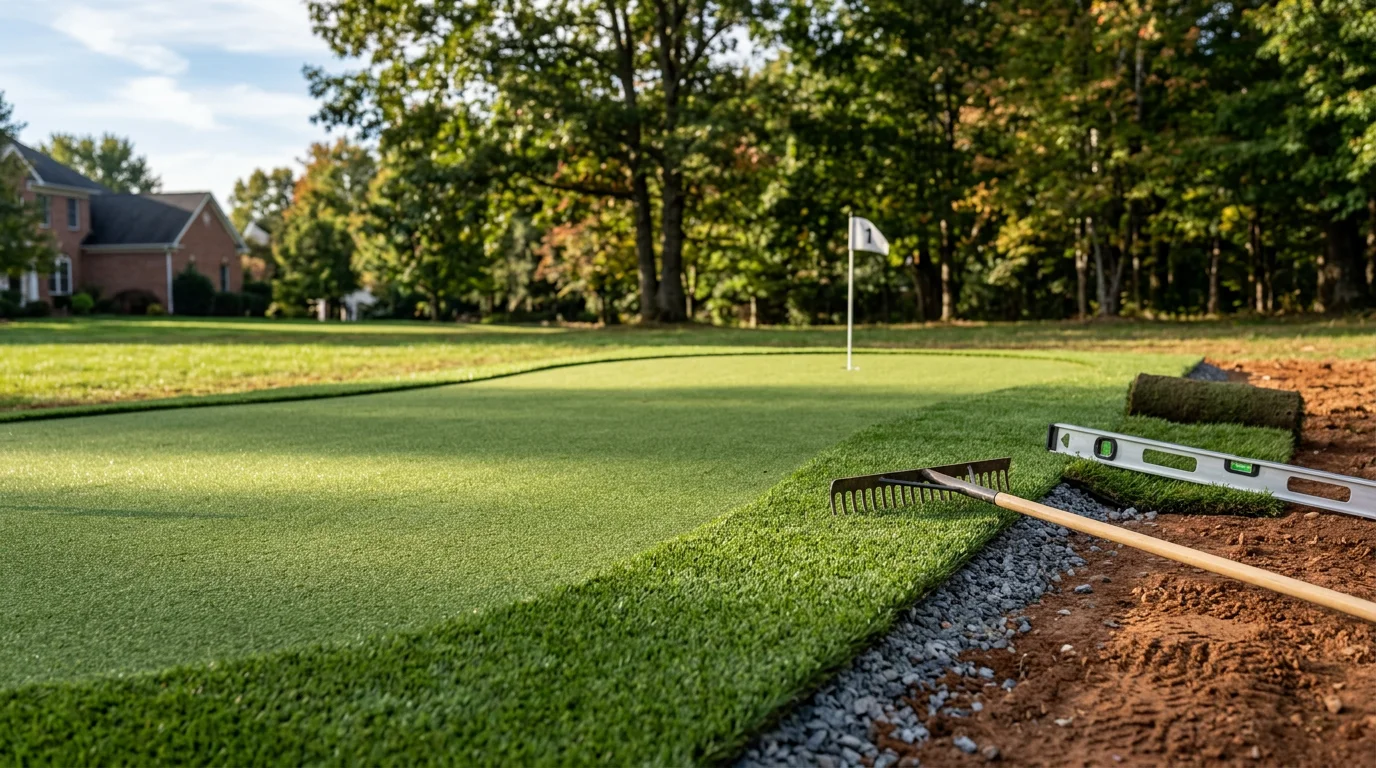 A completed backyard putting green installation on a residential property in Damascus, MD, showing a smooth synthetic turf surface with multiple hole placements and clean edging surrounded by a landscaped yard.