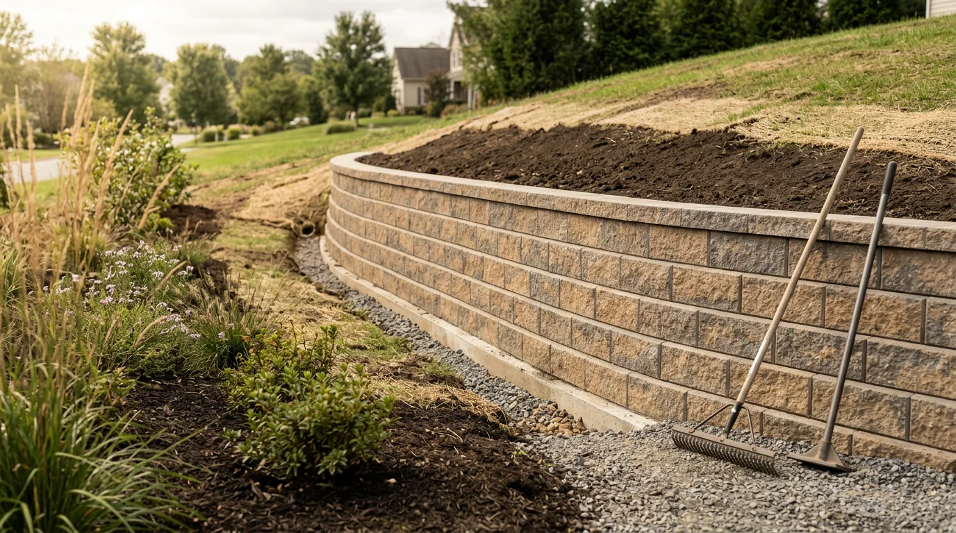 A newly installed retaining wall holding back a sloped residential yard in Damascus, MD, with level ground reclaimed behind the wall and clean drainage visible at the base. The wall runs along the rear property line, converting an eroded hillside into a flat, usable outdoor area.