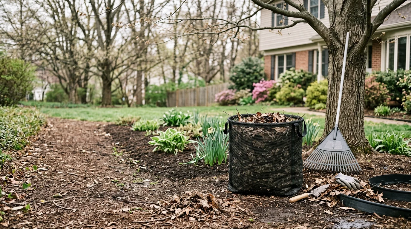 A Damascus, MD residential yard after seasonal cleanup, with cleared garden beds, raked lawn, and neatly cut back plantings along a suburban property border. Elevation Landscapes crew working on fall leaf removal in a Montgomery County backyard.