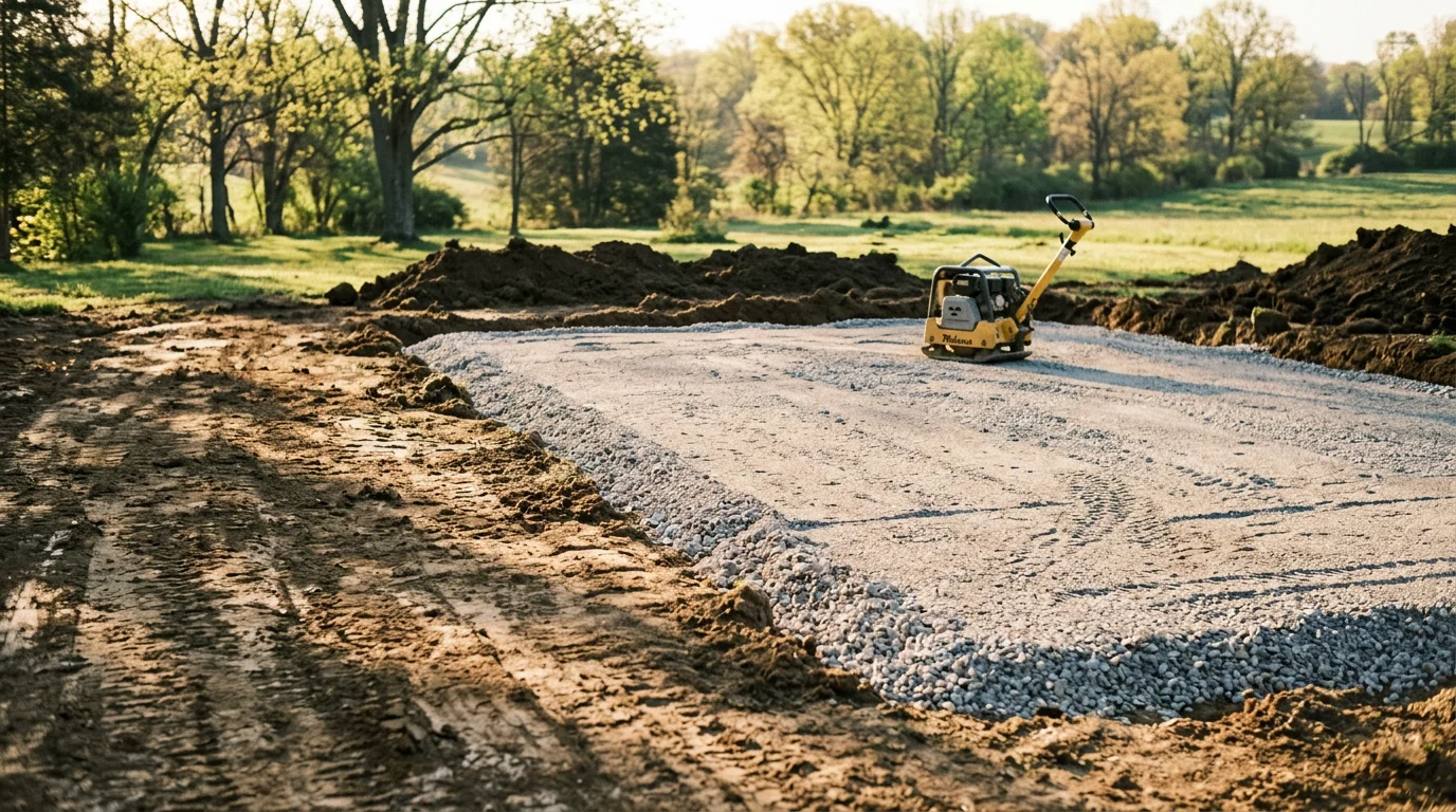 A freshly installed, level shed pad on a residential property in Damascus, MD, with compacted gravel base and clean perimeter edges ready for shed placement. The surrounding yard shows graded soil and a gently sloped lawn typical of Montgomery County properties.