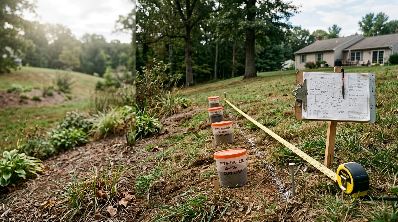 A landscape designer walking a sloped residential yard in Damascus, MD, reviewing grade and drainage conditions during an on-site assessment. Notes and site markings visible on the property before any landscape work begins.